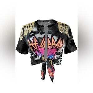 NWOT Def Leppard Fringe Tie-Front Crop Top - Black with Pink & Gold